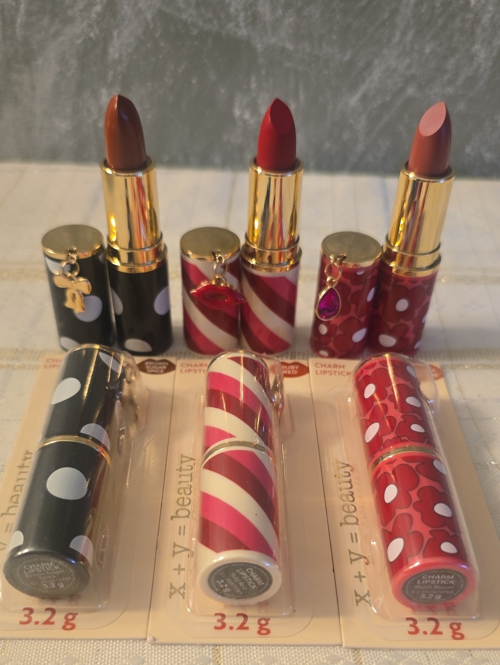 3 Charm Lipstick Trio - Red, Brown, Pink New Sealed
